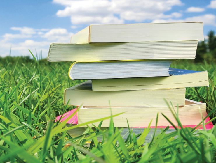 A stack of books sits in green grass on a sunny day