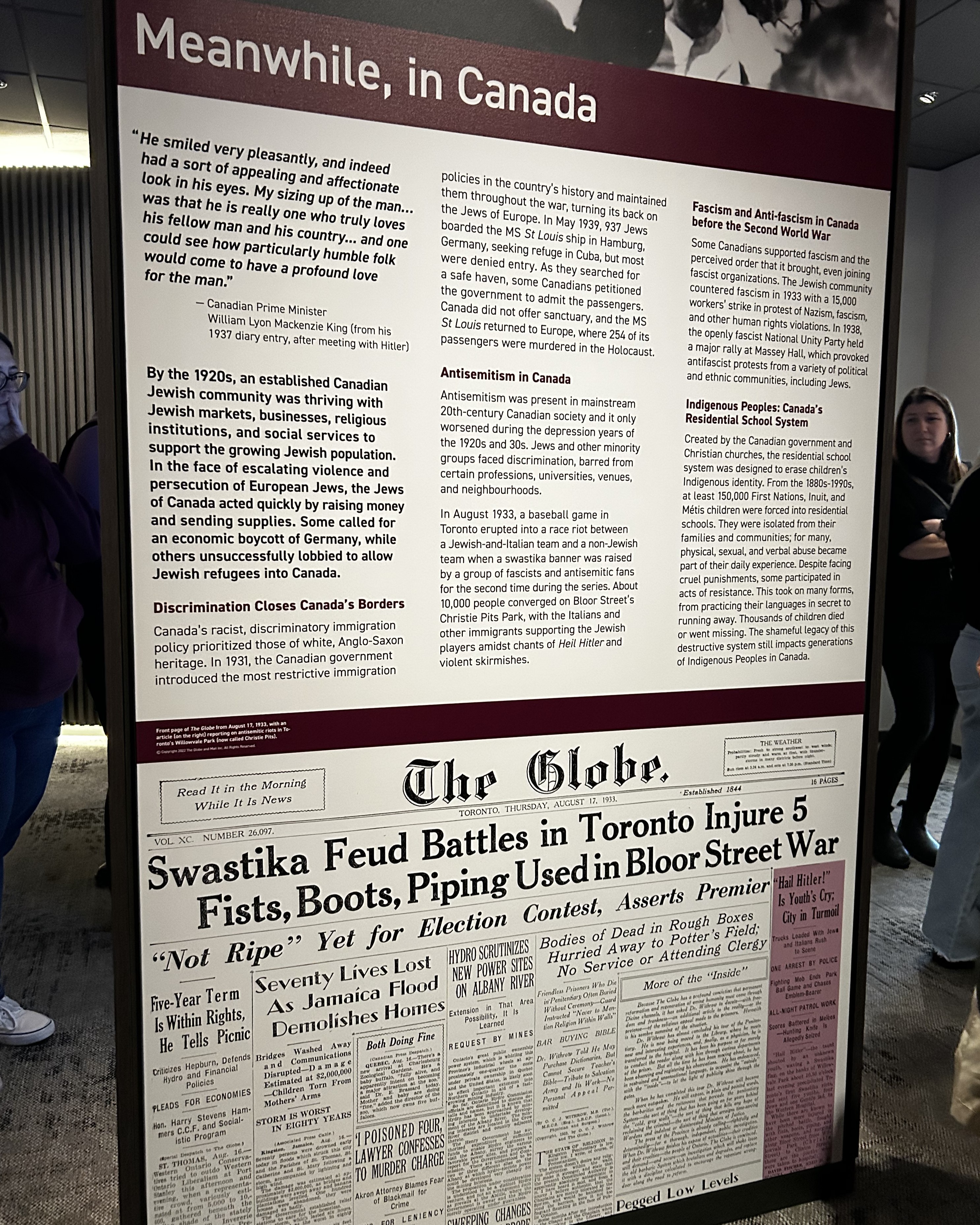 An information panel at the museum showing articles from the Globe and Mail.