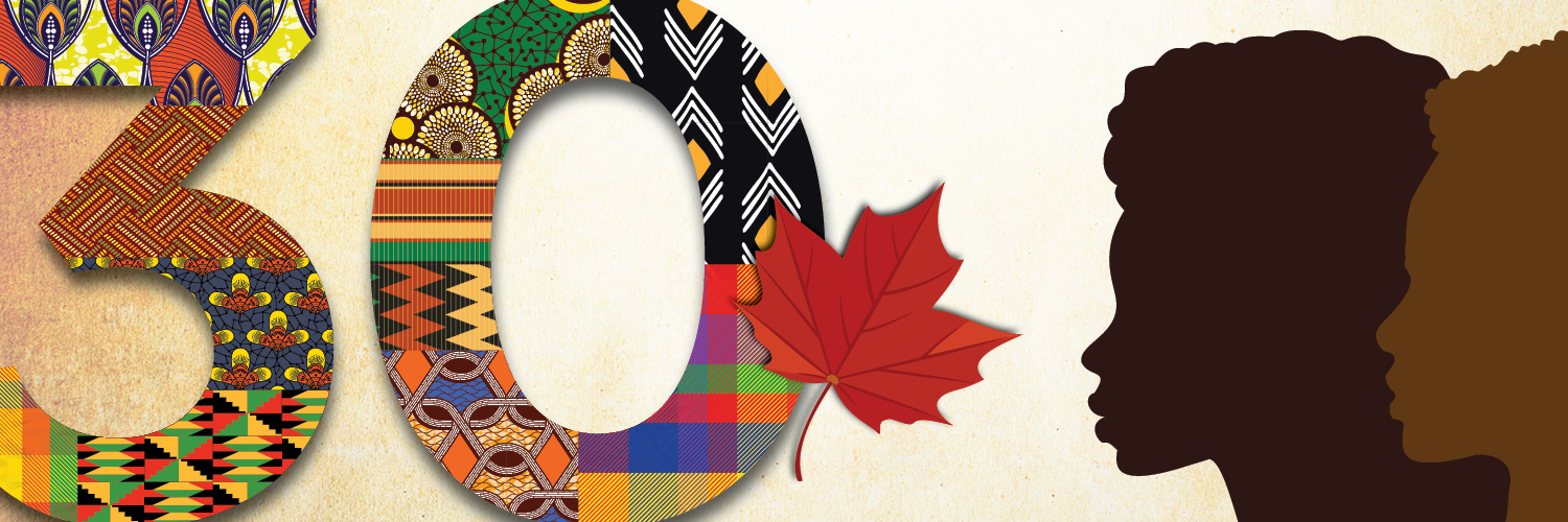 Image featuring a large patterned number 30, and silhouettes of two profiles with a red maple leaf, set against a textured background.