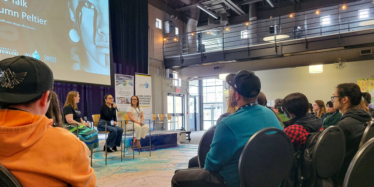 Autumn Peltier advocates for First Nation rights before Pauline Johnson Collegiate and Vocational School students at a World Water Day event at the University of Waterloo.