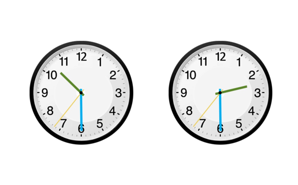 Two graphic analog clocks - left showing ten thirty - right showing two thirty