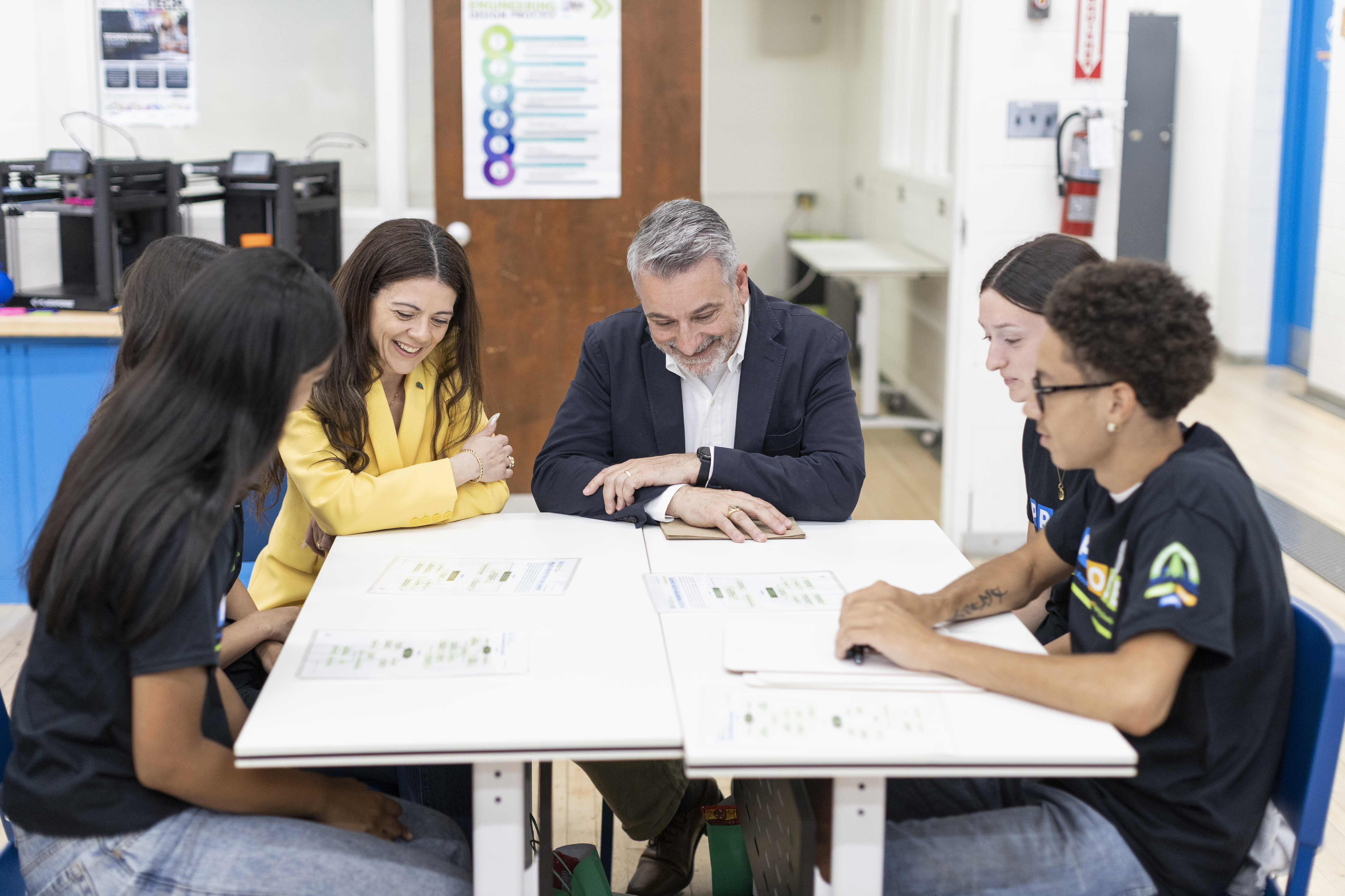 Director JoAnna Roberto and Minister Paul Calandra participating in PROSE module with four students.