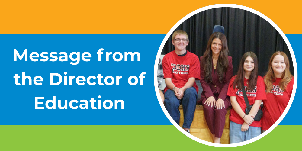 Text that reads Message from the Director of Education with an image of JoAnna Roberto with students.