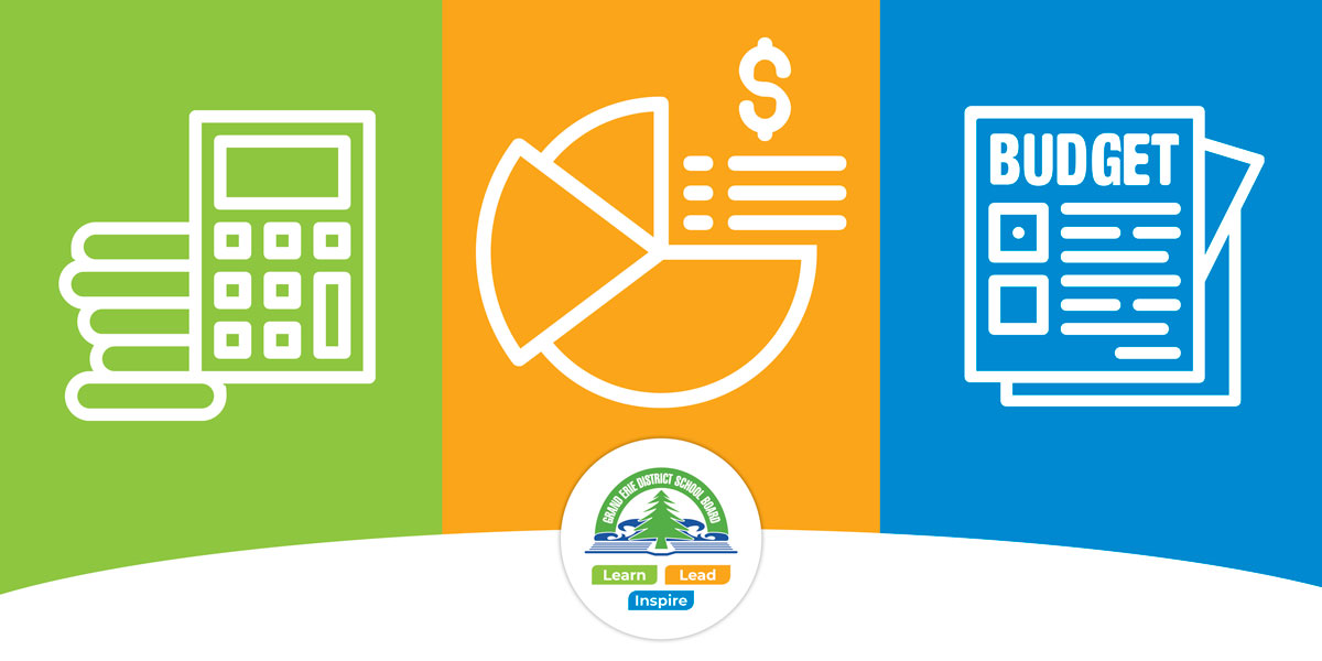 Icons of a calculator, pie chat and budget papers with Grand Erie logo