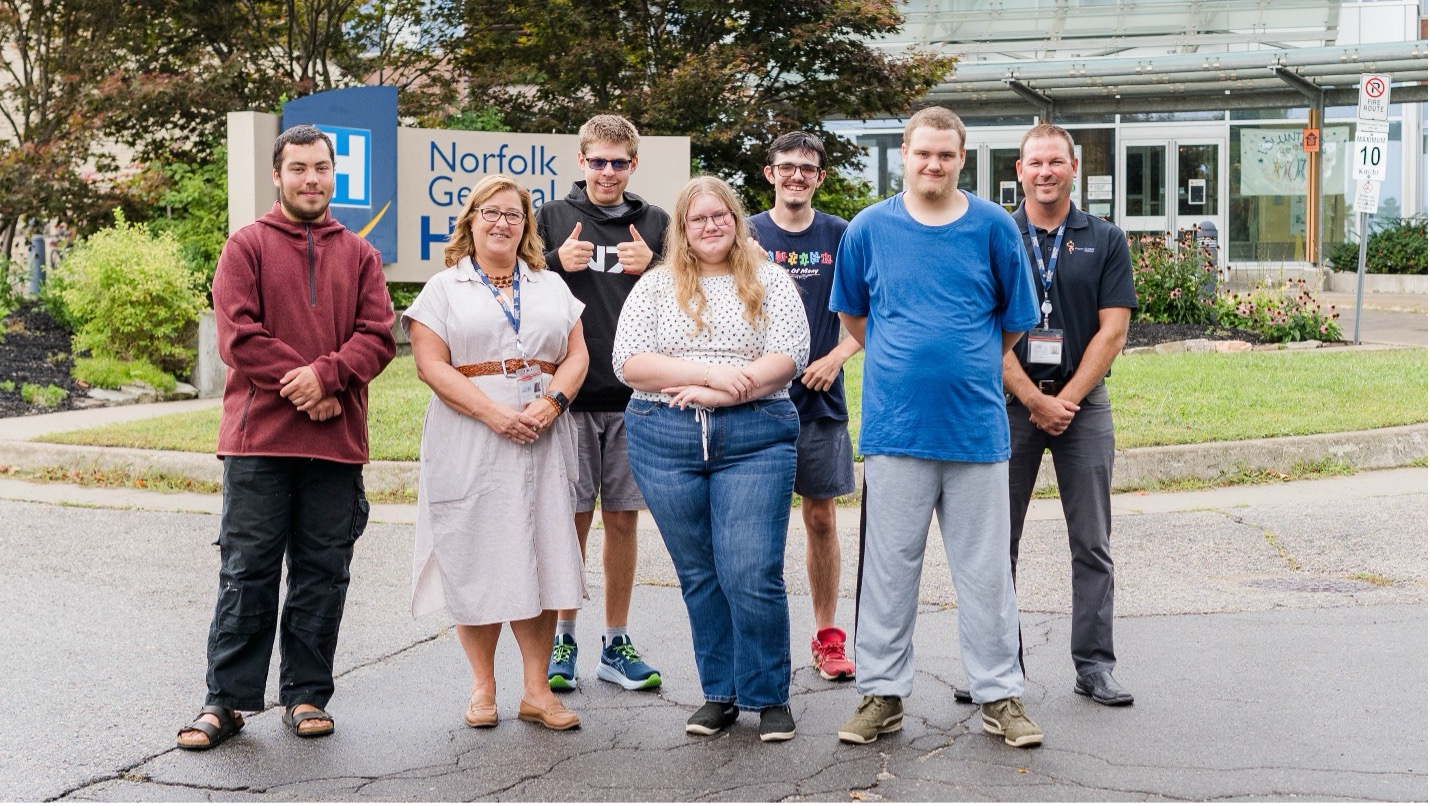 Left to right: Project SEARCH intern Connor Snively; Kerri Emberlin, Business Liaison; Project SEARCH interns Liam MacKenzie, Jennifer Penner, Collin Colibaba and Harley Shannon; and Ryan Nightingale, Grand Erie teacher.