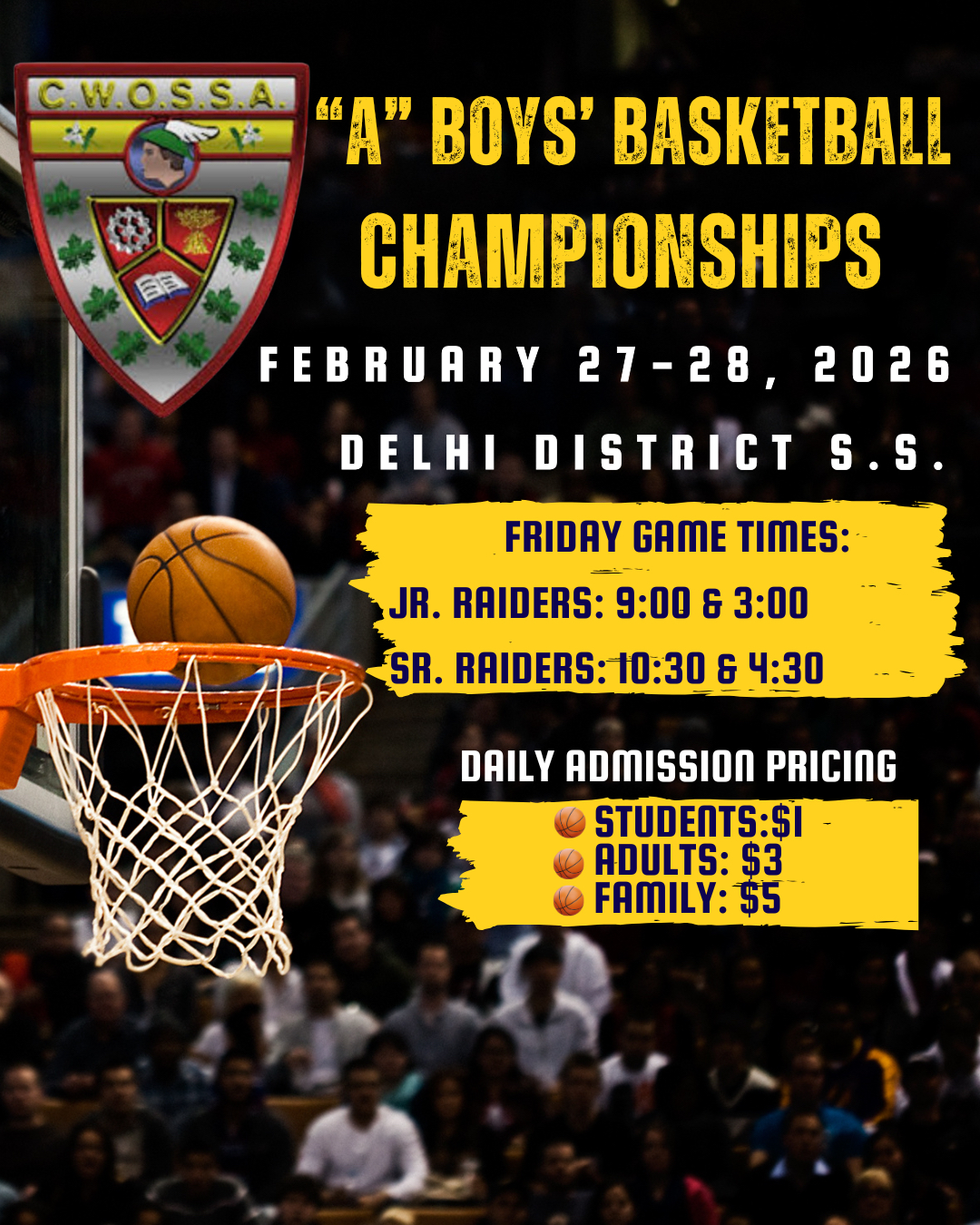 DDSS CWOSSA Basketball Schedule and Admission Prices